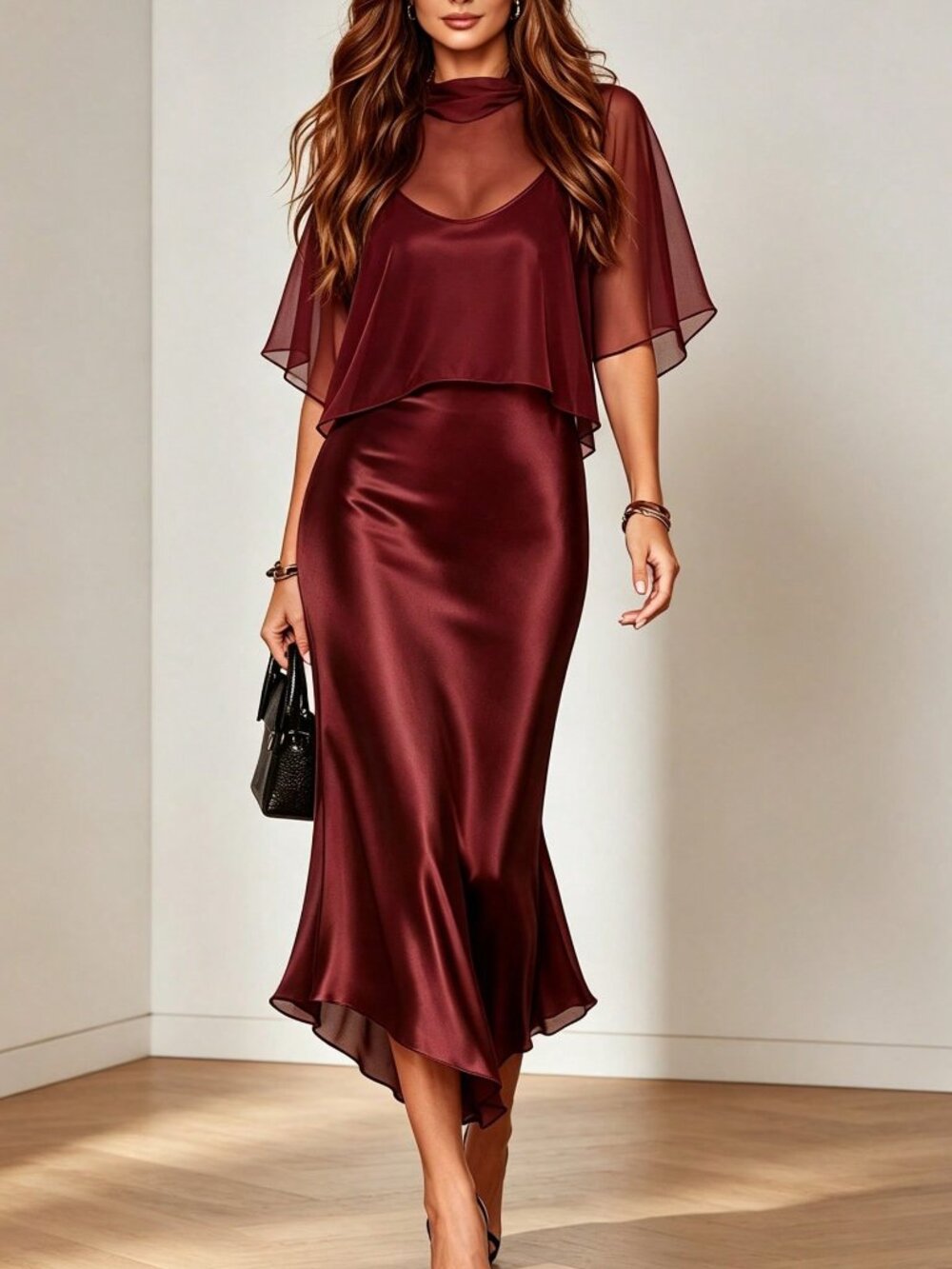 Burgundy Casual Women's Ruffle Spaghetti Strap Midi Cami Dress
